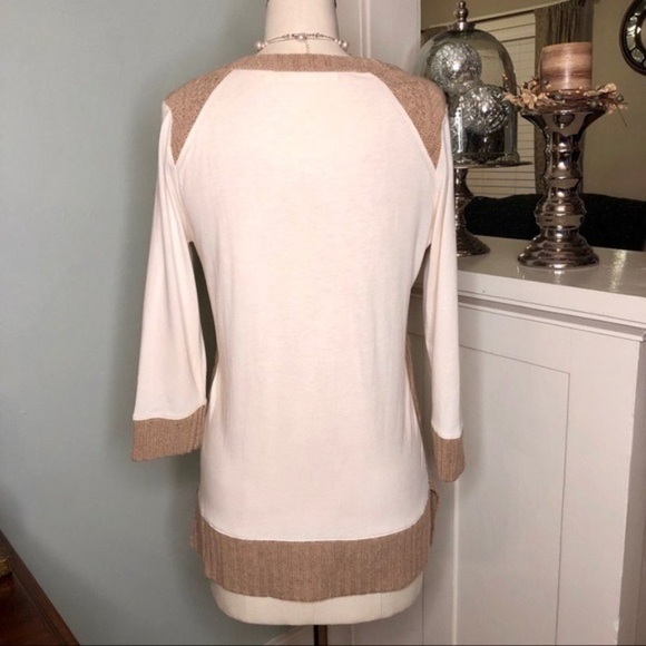 Anthropologie Pilcro Tan & White Cable Knit V Neck Sweater Medium - Picture 6 of 8